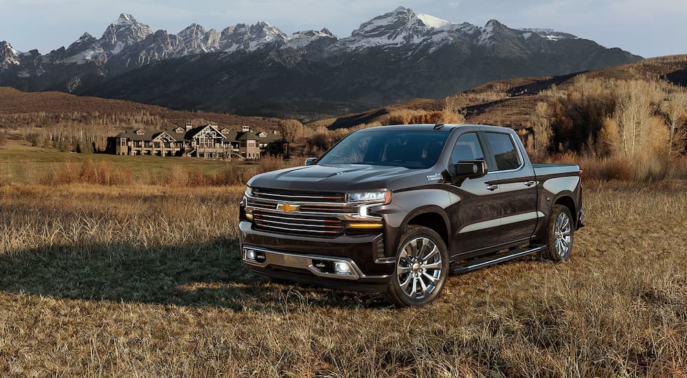 A black 2022 Chevy Silverado 1500 is shown parked in a field during a 2022 Chevy Silverado 1500 vs 2022 Ram 1500 comparison.