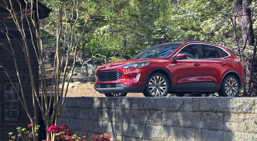 A red 2022 Ford Escape is shown from the side parked in a modern driveway in a wooded area.