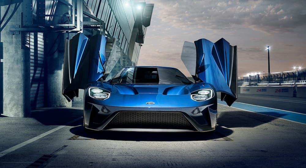 2022 Ford GT is shown from the front with the doors open.