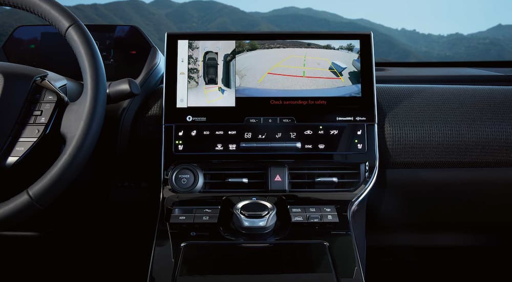 The camera system in a 2023 Subaru Solterra is shown on the infotainment screen.