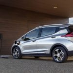 A silver 2022 Chevy Bolt EV is show parked at a charging station.