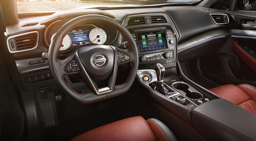 The interior of a 2022 Nissan Maxima is shown from the drivers seat.