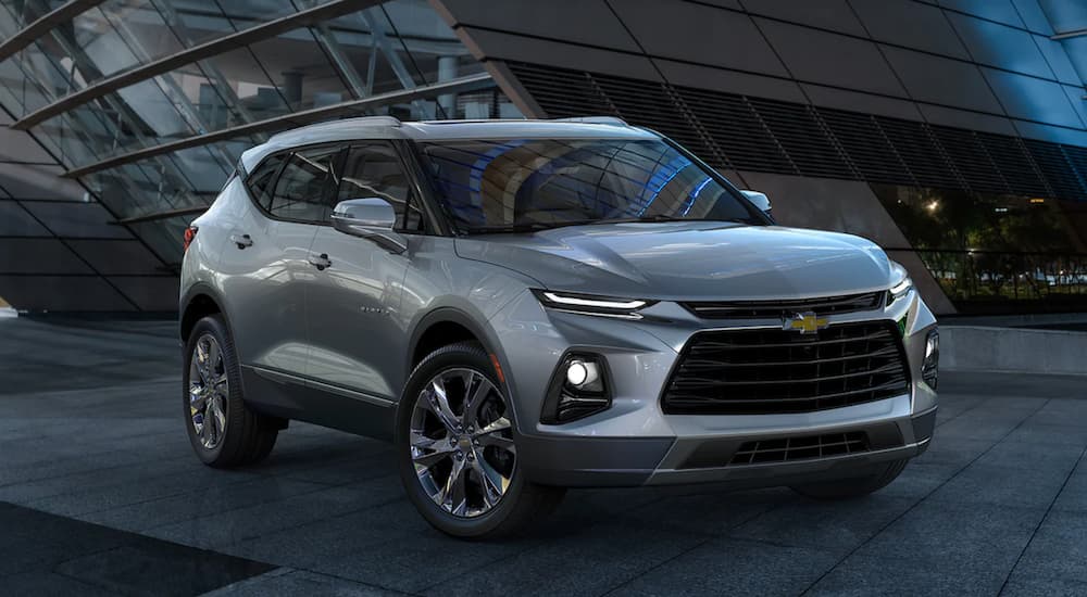 A silver 2022 Chevy Blazer is shown from the front angled right.