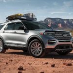 A silver 2022 Ford Explorer is shown parked on the dirt after a 2022 Ford Explorer vs 2022 Honda Pilot competition.