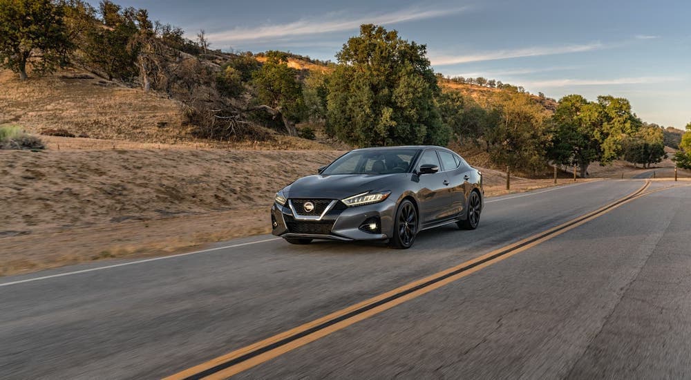 A grey 2020 Nissan Maxima is shown from the front driving on an open road.