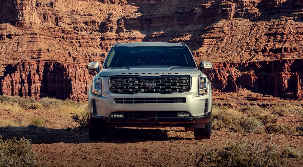 A silver 2021 Kia Telluride is shown from the front parked near a rocky canyon.