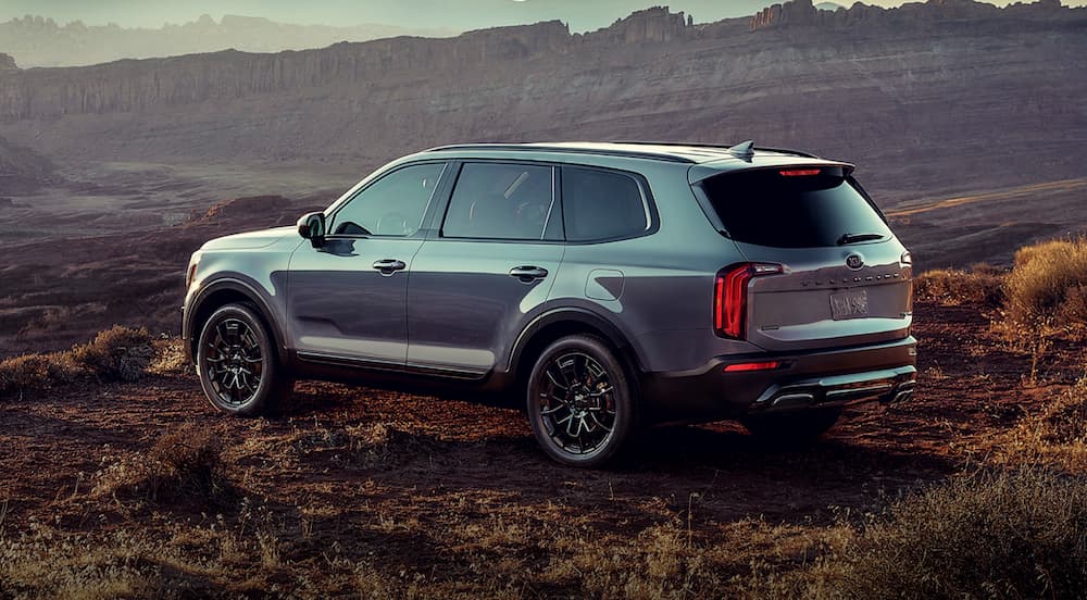 A silver 2021 Kia Telluride is shown from the side overlooking a desert view.