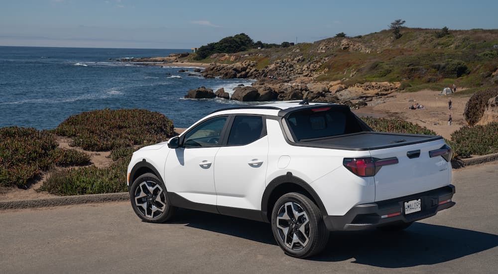 A white 2022 Hyundai Santa Cruz is shown from the rear at an angle while parked on a coastal road.