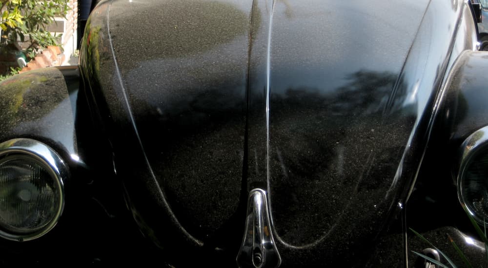 A black 1975 Volkswagen Beetle is shown in a closeup of the front.