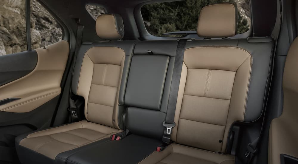 The black and brown interior of a 2022 Chevy Equinox shows the back seat.