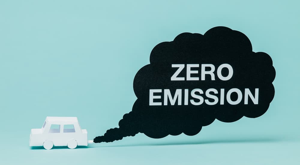 A small toy white car is shown next to an exhaust cloud that says 'zero emission.'