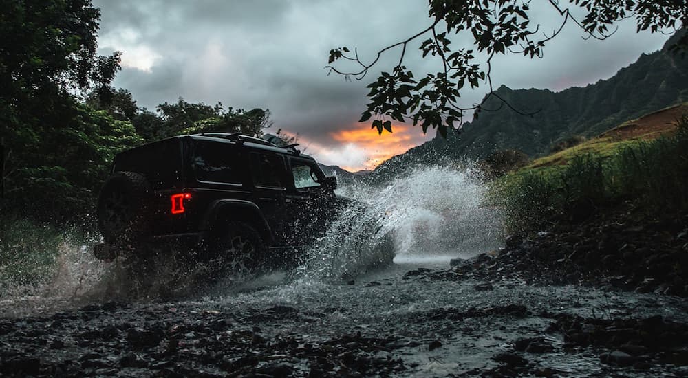 A black 2020 Jeep Wrangler Unlimited is shown driving through water in the woods.