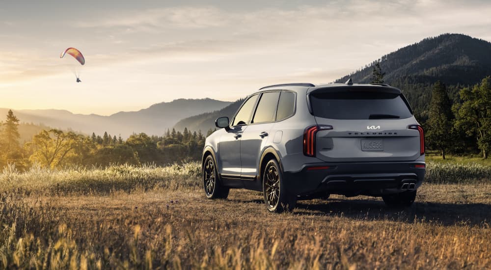 A grey 2022 Kia Telluride is shown from the rear parked in a field.