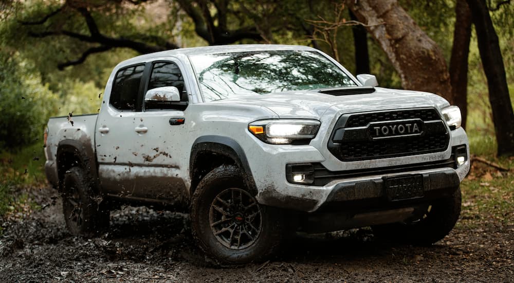 A white 2021 Toyota Tacoma TRD Off-Road is shown from the front at an angle while it drives through mud.