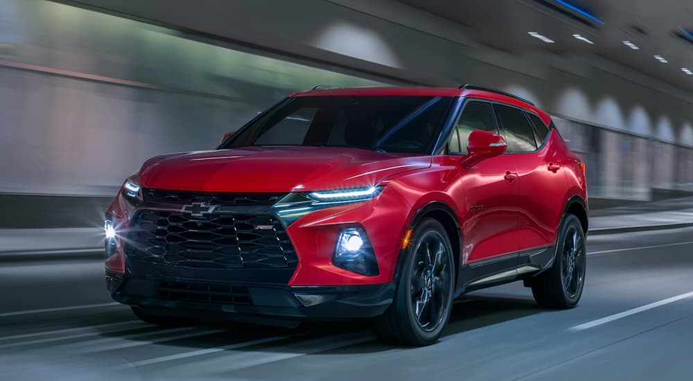 A red 2020 Chevy Blazer RS is shown from the front at an angle.