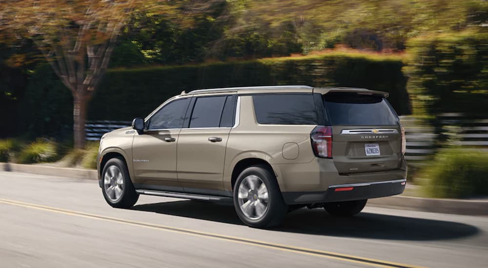 A gold 2022 Chevy Suburban is shown from the rear driving on an open road.