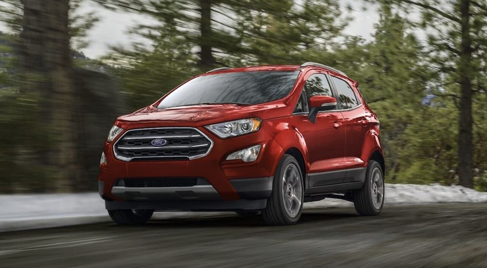 A red 2022 Ford EcoSport is shown from the front driving on a tree lined road.