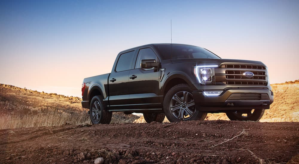 A black 2022 Ford F-150 is shown parked off-road after the owner searched 'Ford truck dealer near me'.