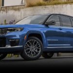 A blue 2022 Jeep Grand Cherokee WL is shown from the front at an angle during a 2022 Jeep Grand Cherokee WL vs 2022 Ford Explorer comparison.