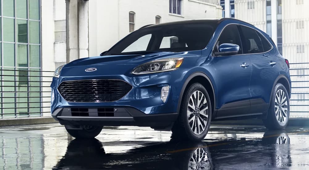 A blue 2022 Ford Escape is shown from the side parked in a gallery during a 2022 Chevy Equinox vs 2022 Ford Escape comparison.