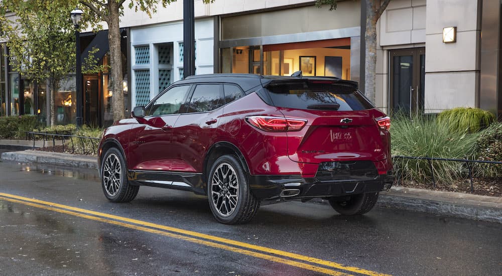 A red 2023 Chevy Blazer RS is shown from the rear at an angle.