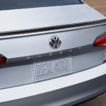 A close up shows the trunk and badging on a silver 2021 Volkswagen Passat after leaving an Akron VW dealership.