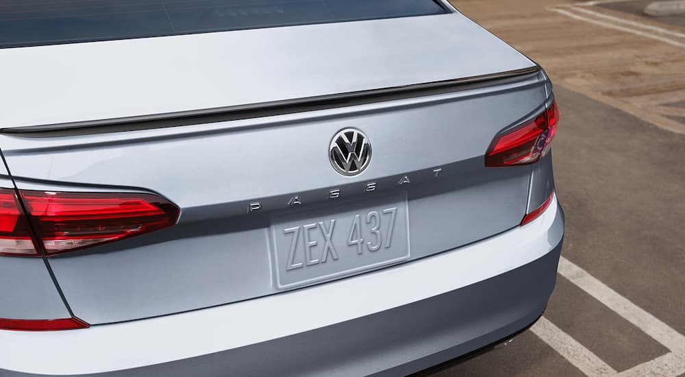 A close up shows the trunk and badging on a silver 2021 Volkswagen Passat after leaving an Akron VW dealership.