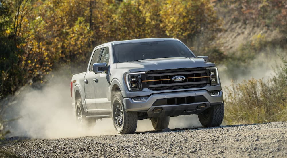 A silver 2022 Ford F-150 Tremor is shown from the front while driving down a dirt path.