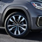 A close up of the front wheel of a grey 2022 Volkswagen Atlas Cross Sport is shown during a 2022 Volkswagen Atlas Cross Sport vs 2022 Ford Edge comparison.