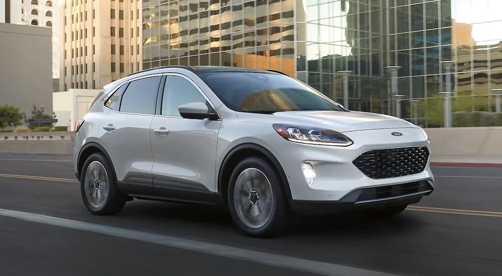 A white 2020 Ford Escape is shown driving through a city.