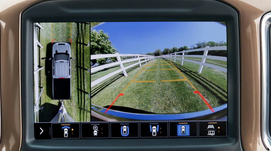 The backup camera of a 2021 Chevy Silverado 3500 is shown in close-up.