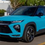 A blue 2023 Chevy Trailblazer is shown from the front at an angle.
