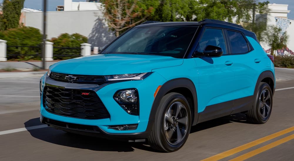 A blue 2023 Chevy Trailblazer is shown from the front at an angle.