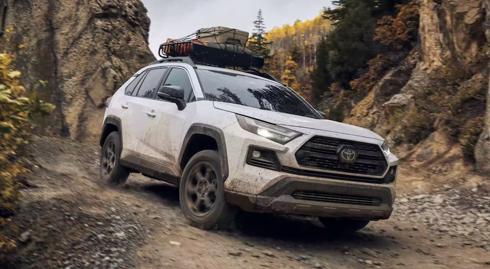 A white 2022 Toyota RAV4 TRD is shown off-roading during a 2022 Toyota RAV4 vs 2022 Honda CR-V comparison.