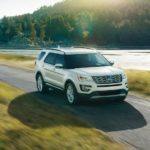 A white 2017 Ford Explorer is shown from the front at an angle after leaving a Ford Explorer dealer.