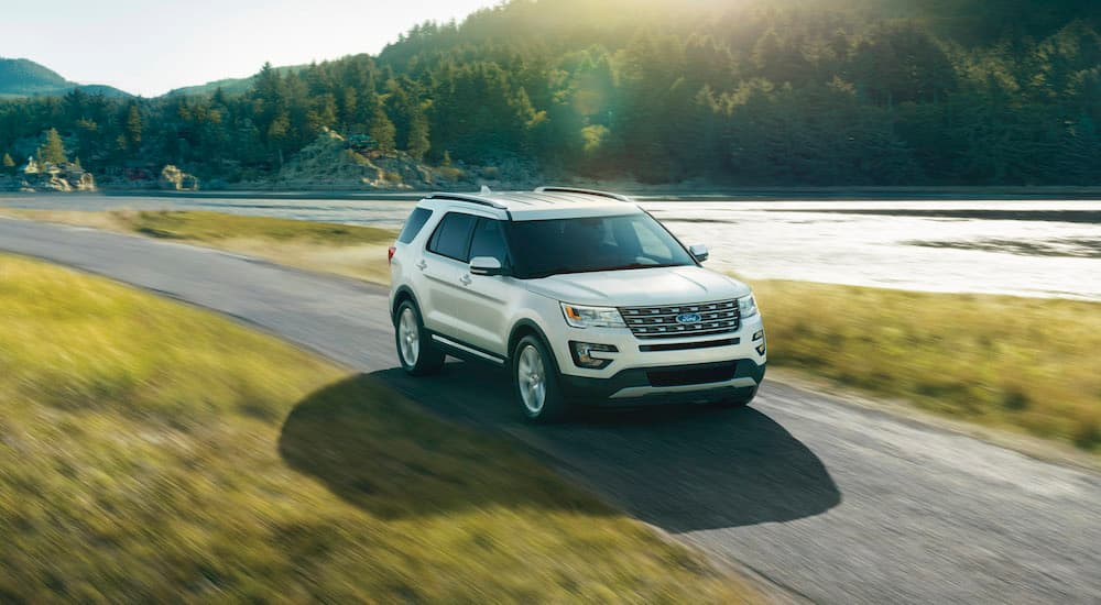 A white 2017 Ford Explorer is shown from the front at an angle after leaving a Ford Explorer dealer.