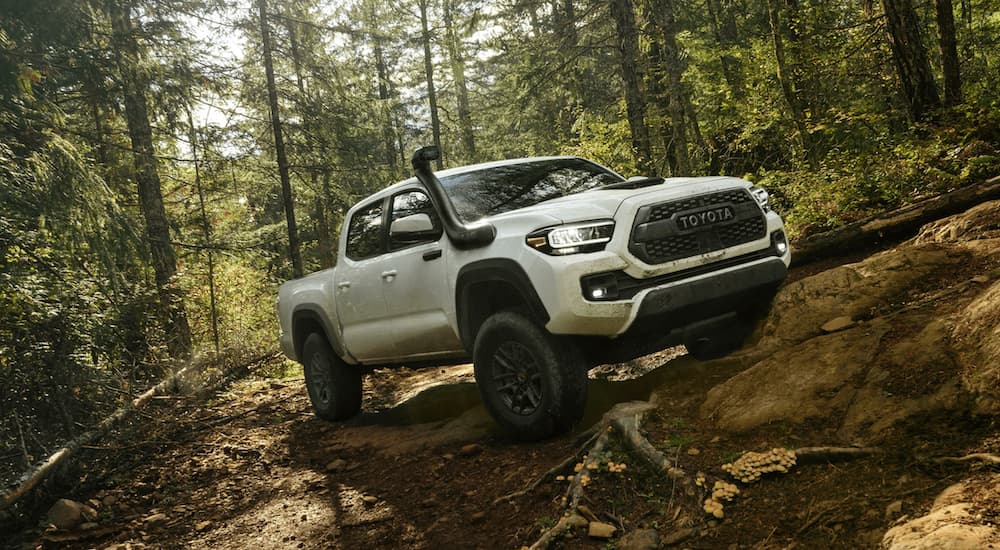 A white 2020 Toyota Tacoma TRD Pro is shown from the front at an angle while driving off-road.