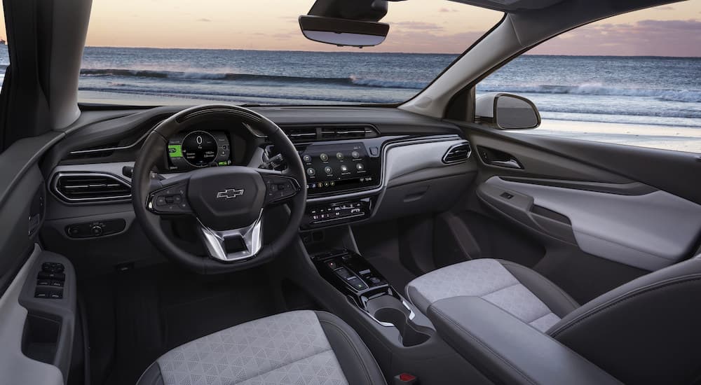 The interior of a 2022 Chevy Bolt EV is shown from the drivers seat.