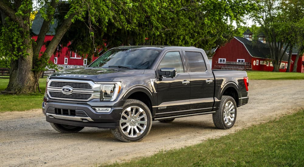 A grey 2022 Ford F-150 Limited is shown from the front at an angle.