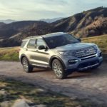 A silver 2020 Ford Explorer is shown from the front an angle on a dirt trail.