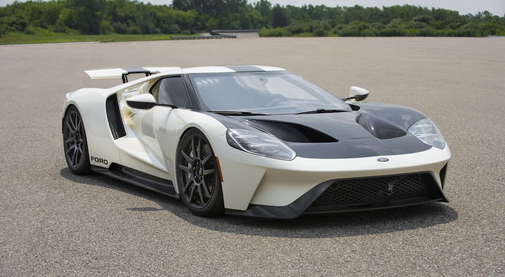 A white 2022 Ford GT Heritage Edition is shown from the front at an angle.