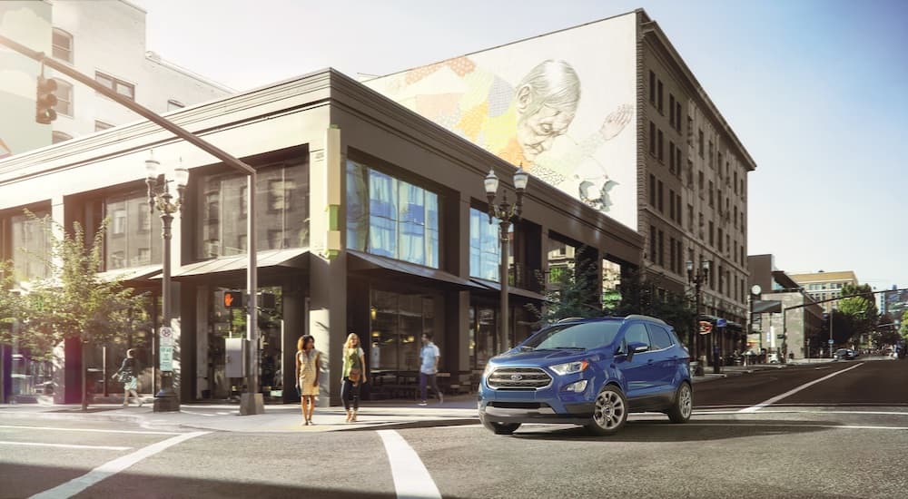 A blue 2022 Ford Ecosport is shown from the front at an angle.