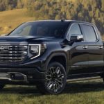 A black 2023 GMC Sierra 1500 Denali Ultimate is shown parked in a field.