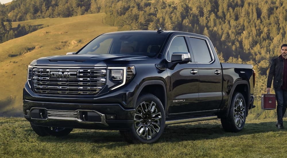 A black 2023 GMC Sierra 1500 Denali Ultimate is shown parked in a field.