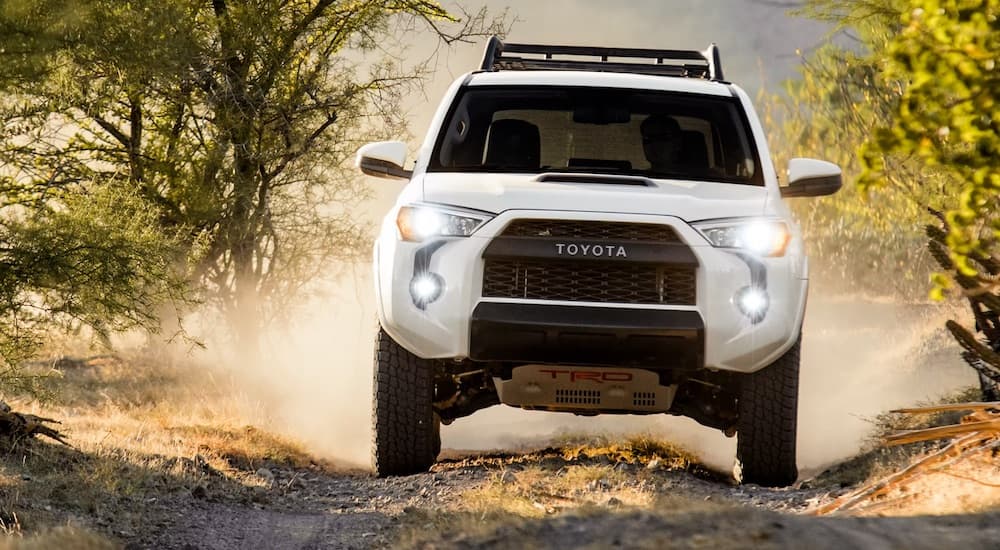 A white 2023 Toyota 4Runner TRD Pro is shown from the front while driving on a dirt trail.