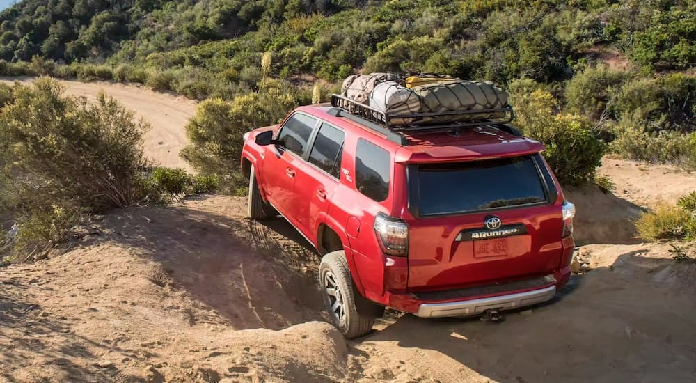 A red 2023 Toyota 4Runner is shown from the rear while driving over a rocky area.