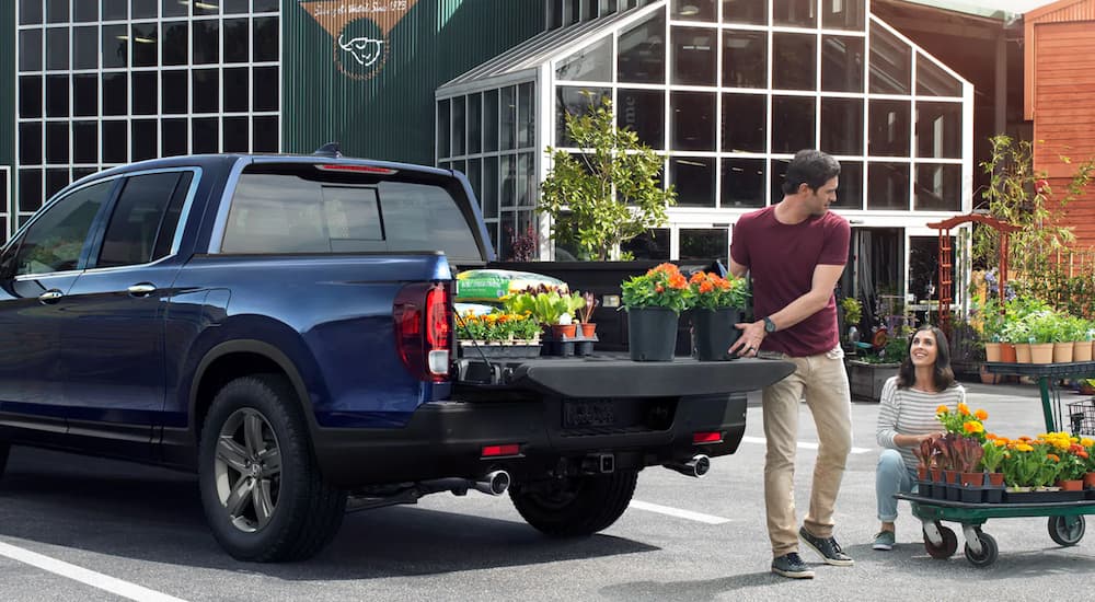 A man is shown putting plants into the bed of a blue 2022 Honda Ridgeline after visiting a Honda dealer.