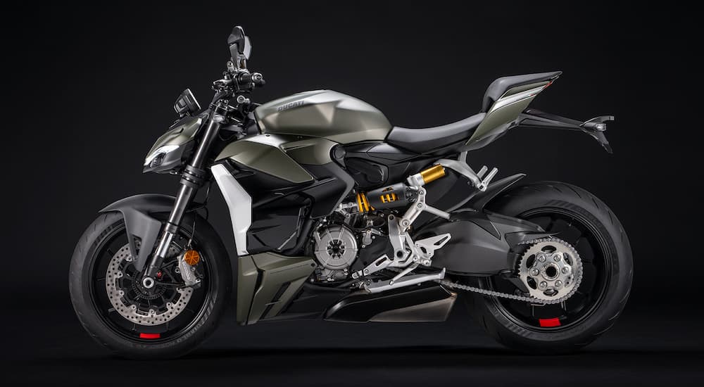 A green 2022 Ducatui Streetfighter V2 is shown from the side.