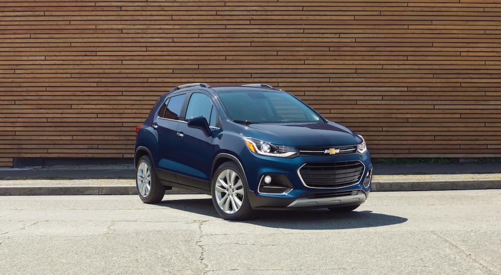 A blue 2018 Chevy Trax is shown from the front at an angle after leaving a used Chevy Trax dealer.