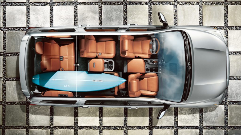 A cutaway view is shown of a silver 2021 Toyota Sequoia Platinum from a high angle.